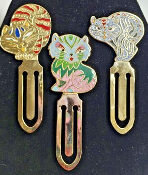 Vintage Lot of 3 Cloisonne Enamel Kitty Cat Bookmarks Book Mark Set Metal 3"